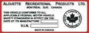 1974 Alouette Recreational Products VIN Decal
