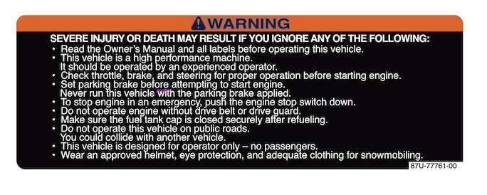 1991 Yamaha SRV Warning Decal