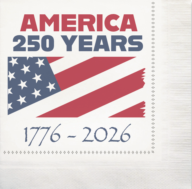 250 YEARS AMERICA BEVERAGE NAPKINS 10"x10" 4-Fold White 2-ply Tissue Coin Embossed 3000ct SKU CP300-25777