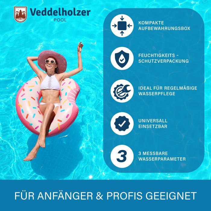 Frau mit Strohhut auf einem Donut-Ring im Pool, daneben fünf Vorteile: Aufbewahrungsbox, Schutzverpackung, 3 Messwerte