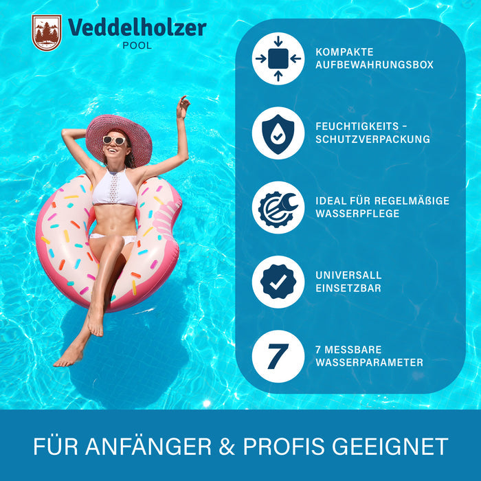 Frau auf Donut-Ring im Pool, daneben fünf Icons: kompakte Box, Feuchtigkeitsschutz, universell einsetzbar, 7 Messwerte
