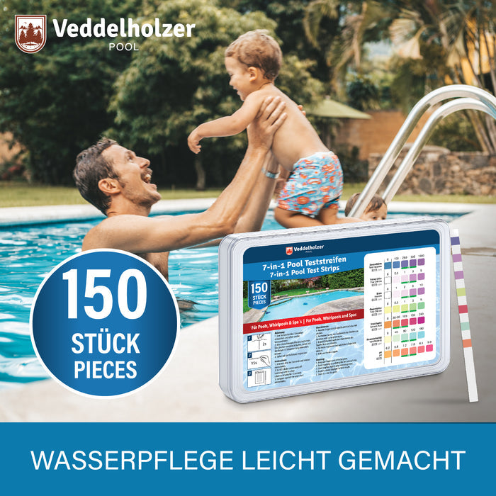 Vater hebt lachend ein Kleinkind über dem Pool hoch, davor die Streifenbox mit Störer „150 Stück“