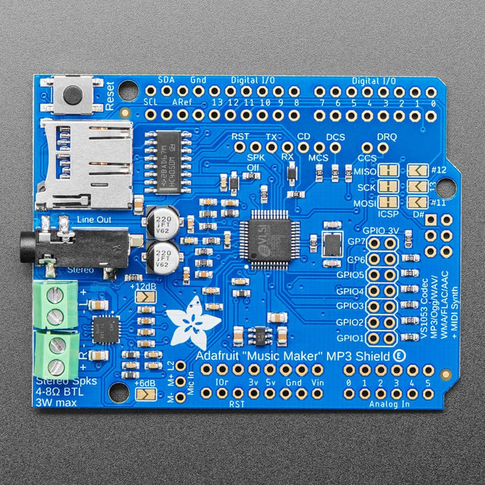 Adafruit "Music Maker" MP3 Shield for Arduino with 3W Stereo Amp (v1.0) by Adafruit - The Pi Hut