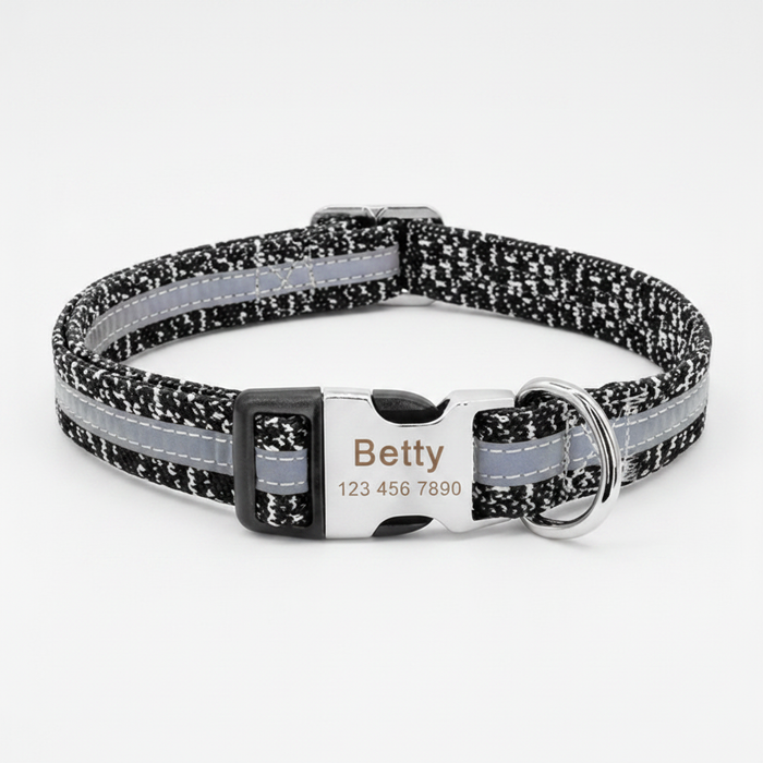 Black reflective monogram dog collar in small, medium, and large sizes, made by Dropshipman, shown in a clean product shot.