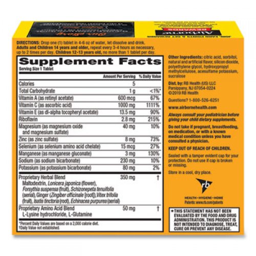 Airborne Immune Support Effervescent Tablet, Zesty Orange, 30 Count (10030)