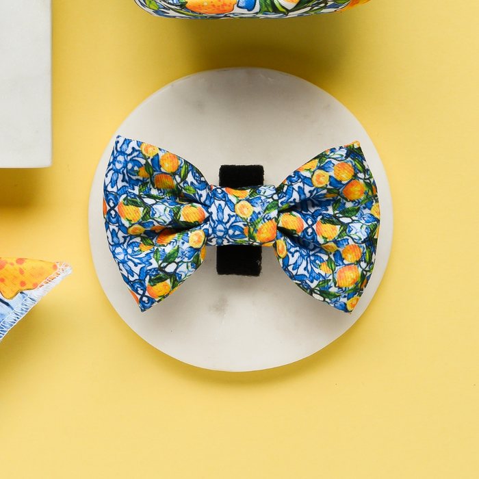 Cocopup London Amalfi Lemon Bow Tie with blue, orange, and yellow floral pattern on a white background.