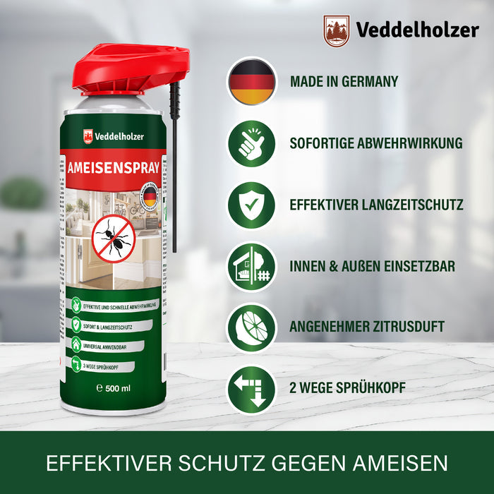 Sechs Merkmale neben der Dose: „Made in Germany“, sofortige Abwehrwirkung, Langzeitschutz, innen & außen, Zitrusduft, 2-Wege-Sprühkopf