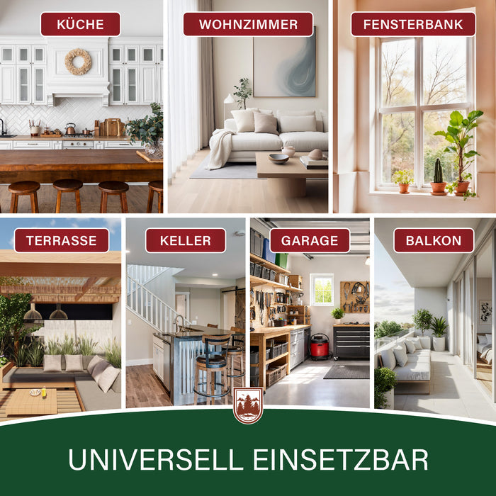 Sieben Einsatzorte im Raster: Küche, Wohnzimmer, Fensterbank, Terrasse, Keller, Garage und Balkon – Bildtext „Universell einsetzbar“