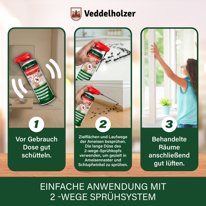 Anwendung in drei Schritten: Dose schütteln, Laufwege und Nester mit der langen Düse besprühen, Räume danach gut lüften