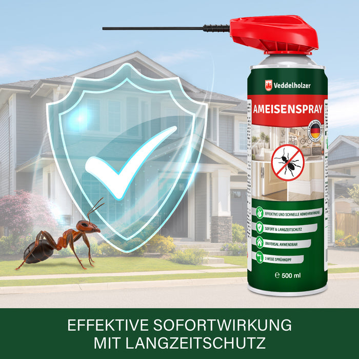 Leuchtendes Schutzschild mit Haken hält eine große Ameise vom Wohnhaus ab, rechts die Sprühdose – „Effektive Sofortwirkung“