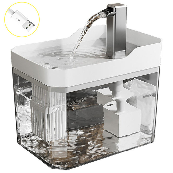 Automatic cat water fountain with filter by Dropshipman showing a sleek USB-powered self-circulating pet water dispenser.