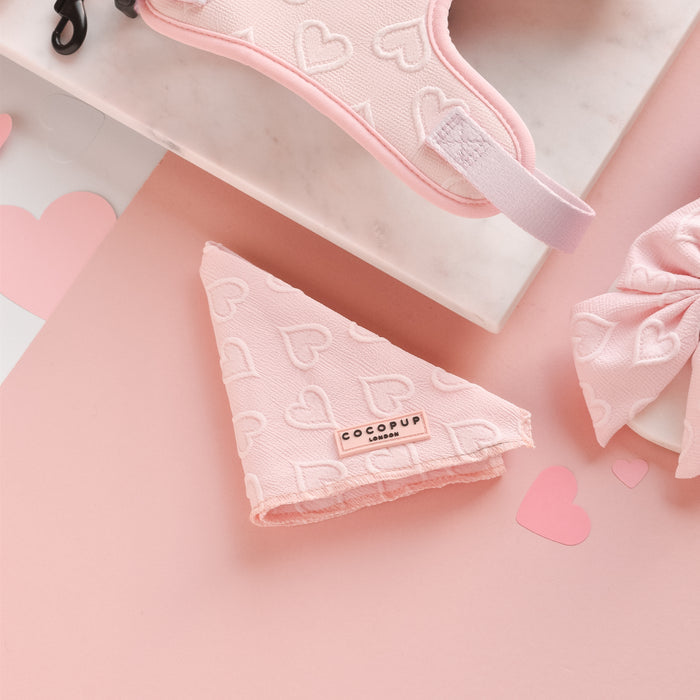 A collection of pink pet accessories, including a stylish "Luxe Bandana - Baby Pink Heart" by Cocopup London, a harness, and a bow. All items feature a heart pattern on a pink background with scattered paper hearts.