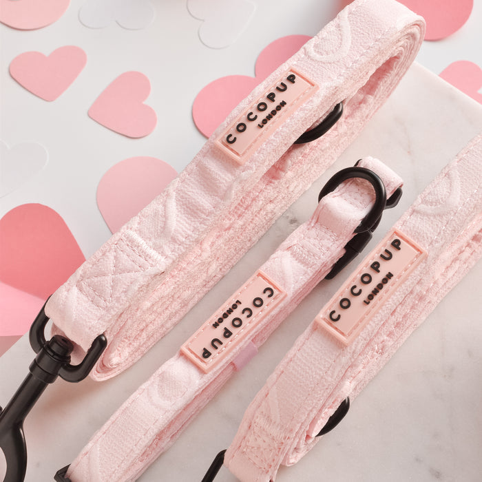 Two light pink dog leads with heart pattern and black hardware on a marble surface.