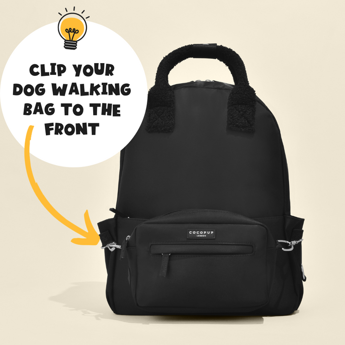 Black Cocopup London rucksack with a front pouch and visible text overlay.