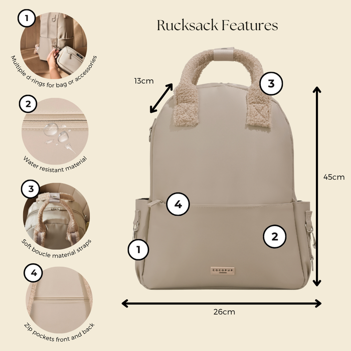 Caramel tan Cocopup London rucksack with soft straps, zip pockets, and visible D-rings.