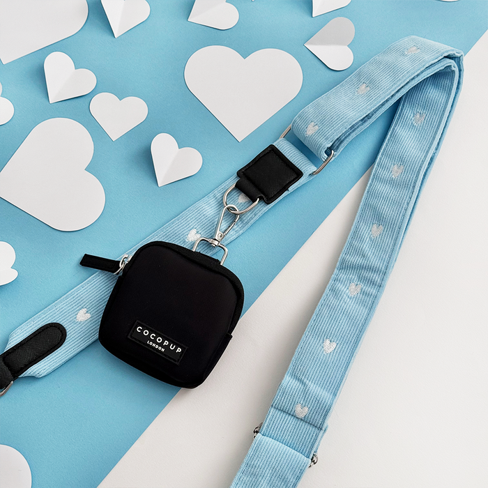 Blue cord bag strap with heart pattern and attached pouch from Cocopup London.