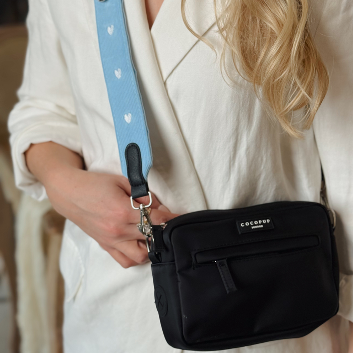 Cream blazer with Cocopup London bag featuring a blue cord strap patterned with white hearts.