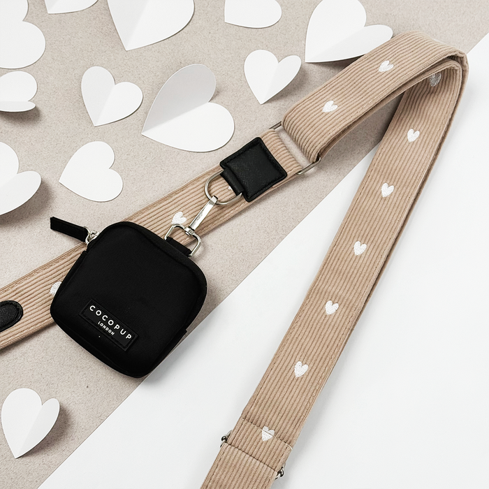 Tan corduroy bag strap with white heart pattern, Chai Hearts by Cocopup London.