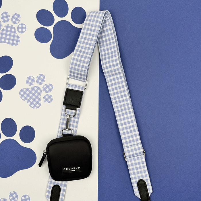 Blue and white checkered, gingham design Bag Strap to attach to Cocopup Dog Walking Bag.