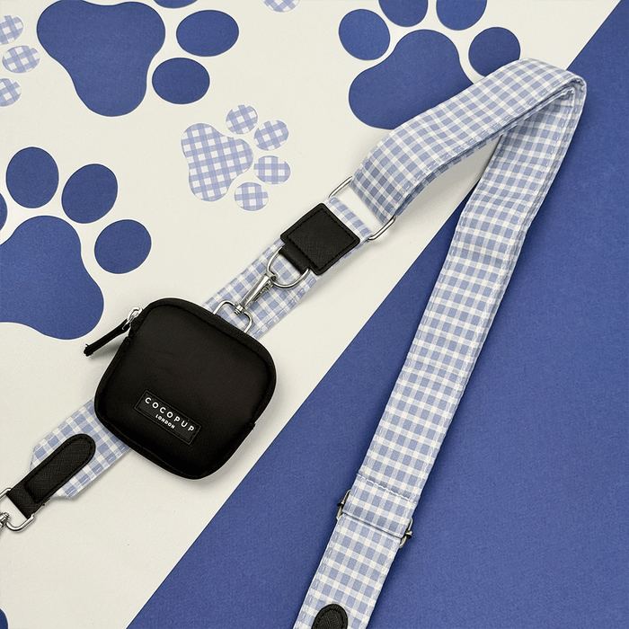 Blue and white checkered, gingham design Bag Strap to attach to Cocopup Dog Walking Bag.