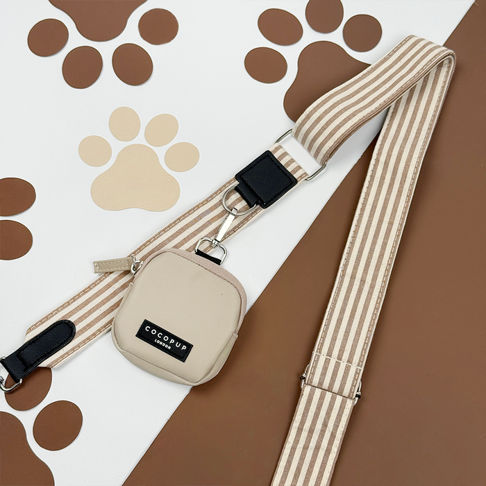 Brown and beige striped Bag Strap with attached Cocopup Treat Pouch.
