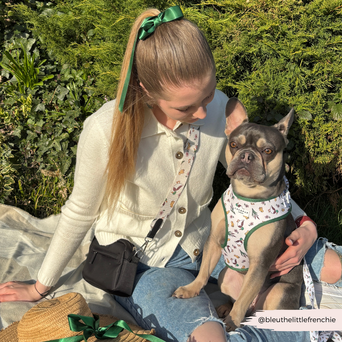 Woman on blanket with French Bulldog, colorful Cocopup London bag strap featuring bright puddle print.