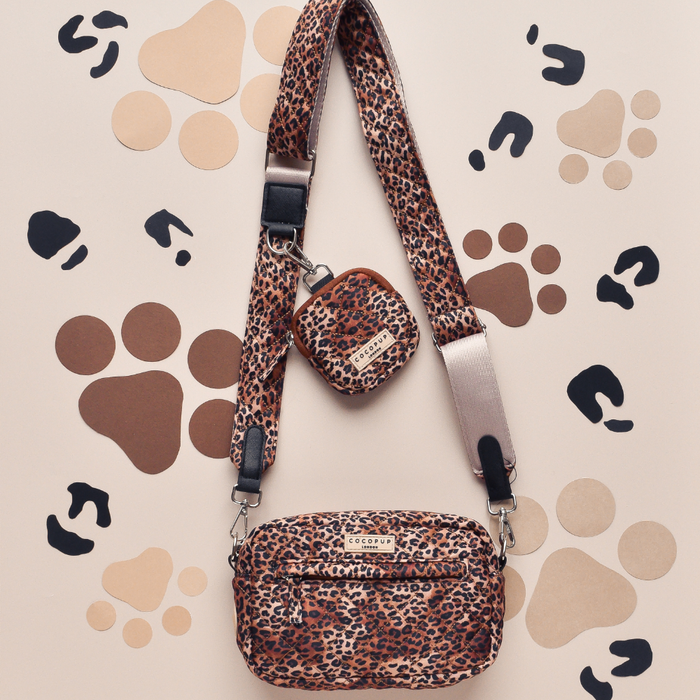 Beige quilted bag strap with leopard print, matching pouch, and paw print accents from Cocopup London.