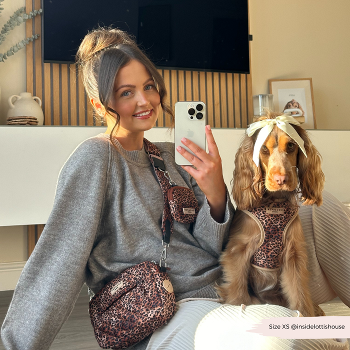 Woman in grey sweater with her brown dog, both shown with the Cocopup London quilted leopard print bag strap.