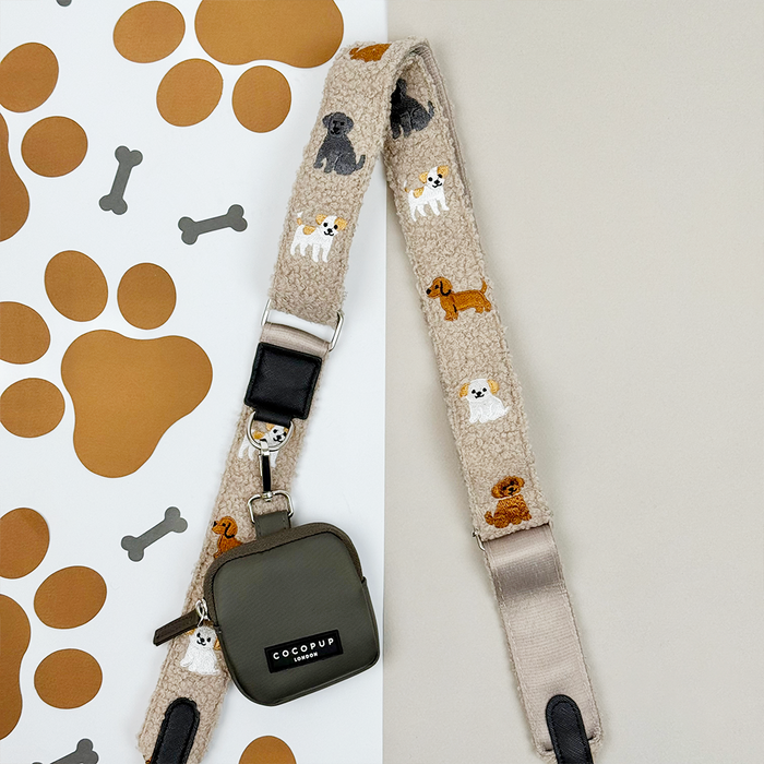 Mocha teddy fleece bag strap with small pouch and embroidered dog detail by Cocopup London.