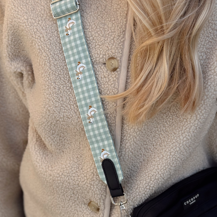 Beige fleece jacket with a blue checked strap and a Cocopup London Silly Goose dog walking bag.