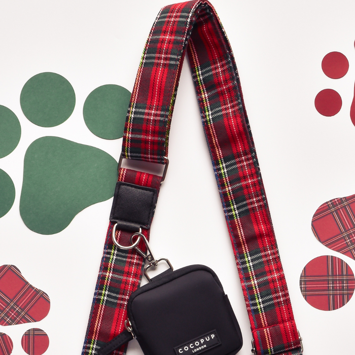 Tartan Cocopup London bag strap with matching leash and black pouch on a white background with paw prints.