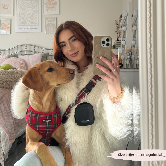 Red-haired woman takes a selfie with her dog, wearing a Cocopup London bag strap in classic tartan pattern.