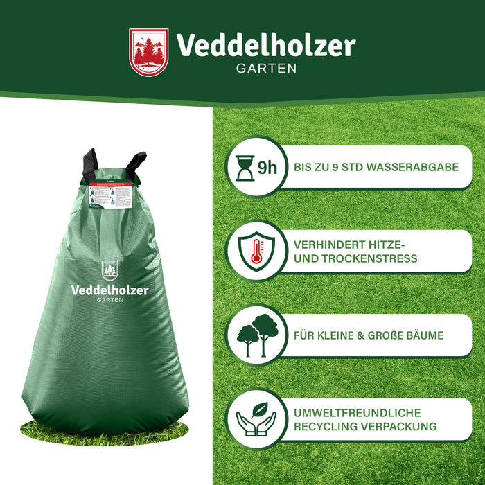 Vier Merkmale neben dem Sack: bis zu 9 Stunden Wasserabgabe, verhindert Hitzestress, für kleine und große Bäume, Recycling-Verpackung