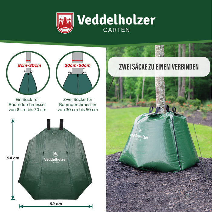 Größenangaben: ein Sack für 8–30 cm Stammdurchmesser, zwei für 30–50 cm; Sack 94 cm hoch und 92 cm breit, rechts am Baum montiert