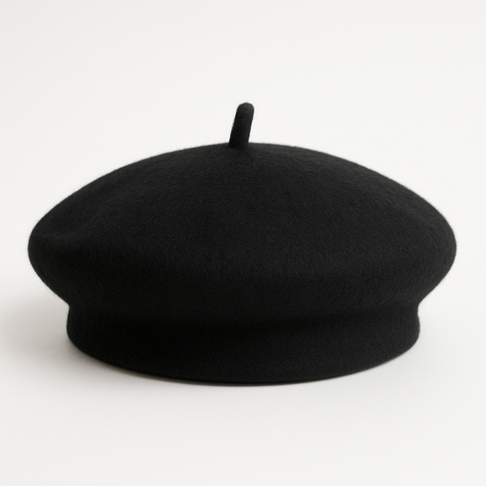Black wool beret dog hat with center stem, displayed on a white background.