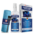 Hellblaues Mikrofasertuch, schwarzer Tastaturpinsel, 250-ml-Sprühflasche und blau-weiße Verpackung nebeneinander