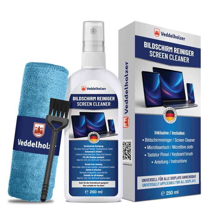 Hellblaues Mikrofasertuch, schwarzer Tastaturpinsel, 250-ml-Sprühflasche und blau-weiße Verpackung nebeneinander