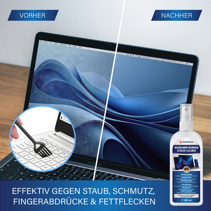 Laptopdisplay im Vorher-Nachher-Vergleich, links verschmiert, rechts klar; Kreisausschnitt zeigt den Pinsel auf der Tastatur