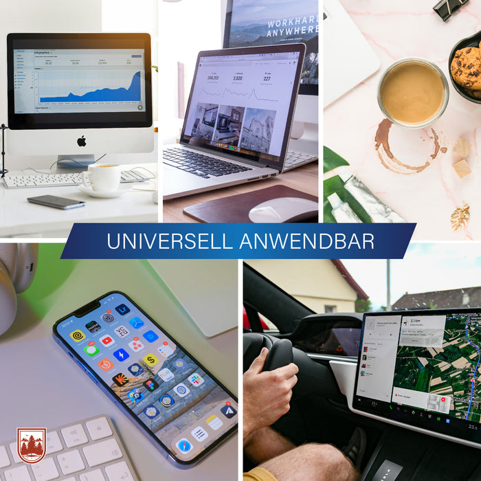 Collage der Einsatzorte: iMac am Schreibtisch, Laptop, Tablet, Smartphone mit Tastatur und Touchscreen im Auto