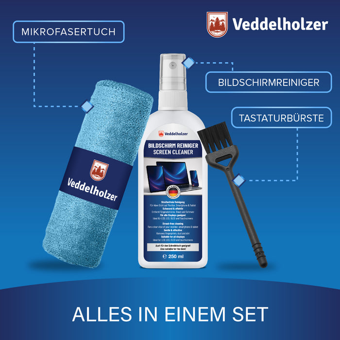 Die drei Set-Teile beschriftet: Mikrofasertuch, Bildschirmreiniger und Tastaturbürste vor blauem Hintergrund