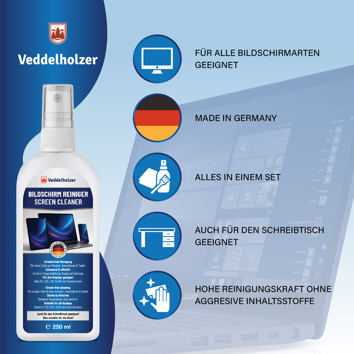 Fünf Merkmale neben der Flasche: für alle Bildschirmarten, „Made in Germany“, Komplettset, auch für den Schreibtisch, ohne aggressive Stoffe