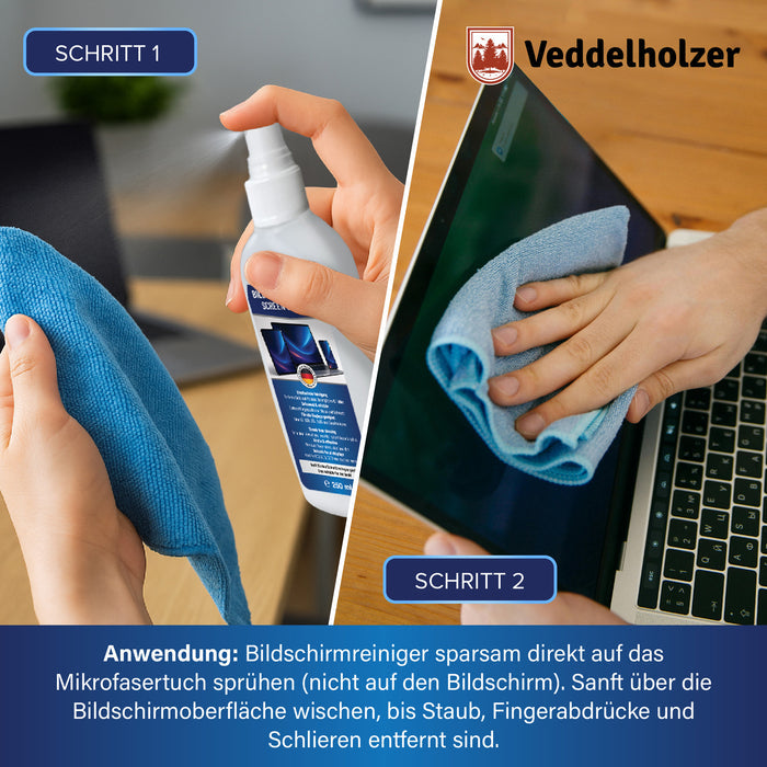 Zwei Anwendungsschritte: Reiniger auf das Mikrofasertuch sprühen, nicht auf den Bildschirm, dann das Display sanft abwischen