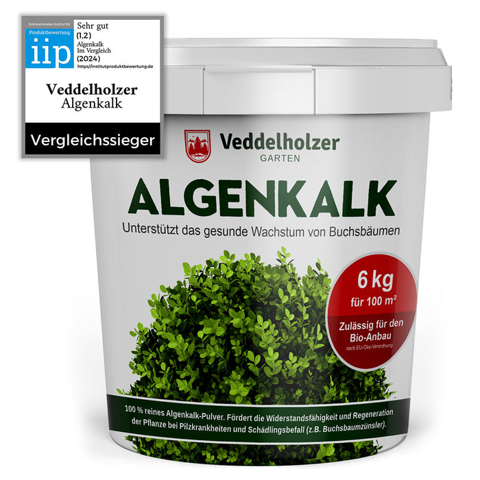 Weißer 6-kg-Eimer mit grünem Buchsbaum auf dem Etikett und iip-Siegel „Sehr gut (1,2)“, Hinweis „für 100 m²“