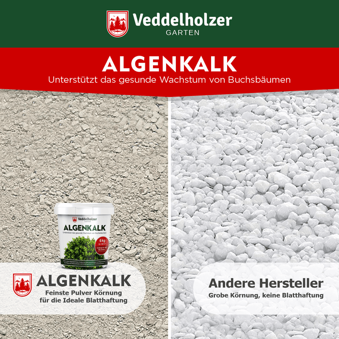 Körnungsvergleich: links feines Pulver mit Eimer für ideale Blatthaftung, rechts grobe weiße Körnung anderer Hersteller