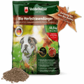 Grüner 10,5-kg-Sack mit Bulldoggenwelpen und Herbstblatt, davor braunes Granulat; Aufdruck „für ca. 250 m²“
