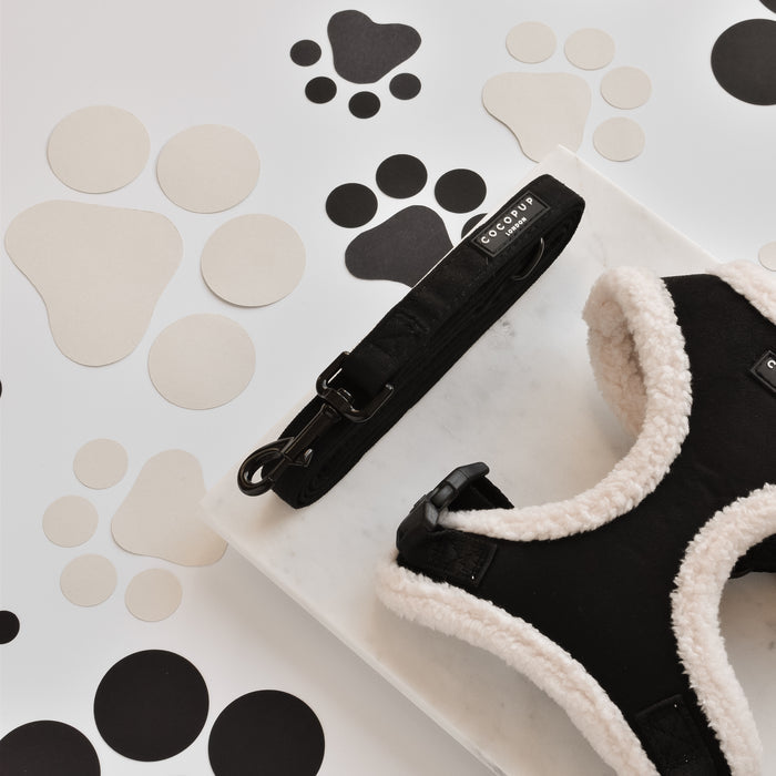 Black Aviator dog lead with padded faux suede handle, white fleece trim, and paw print accents.