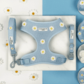 Blue dog Harness, Lead & Collar with white flower decals.