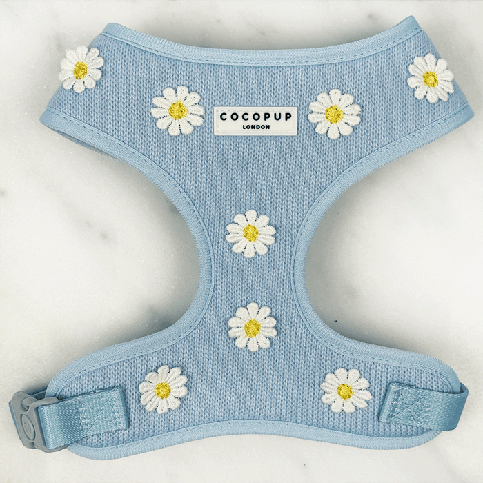 Blue dog Harness with white flower decals.