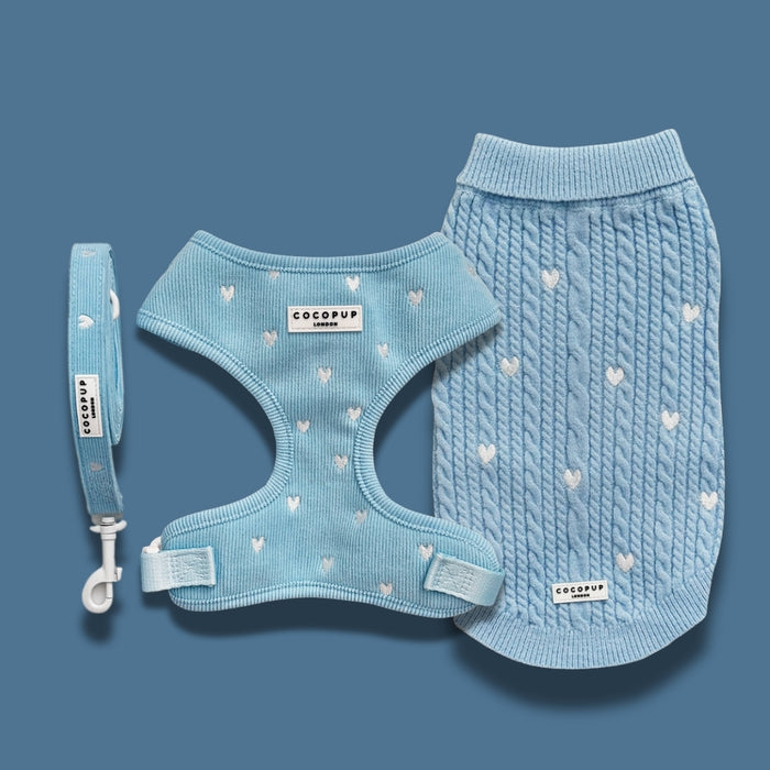 Blue cord jumper, harness, and lead set from Cocopup London with white heart patterns.