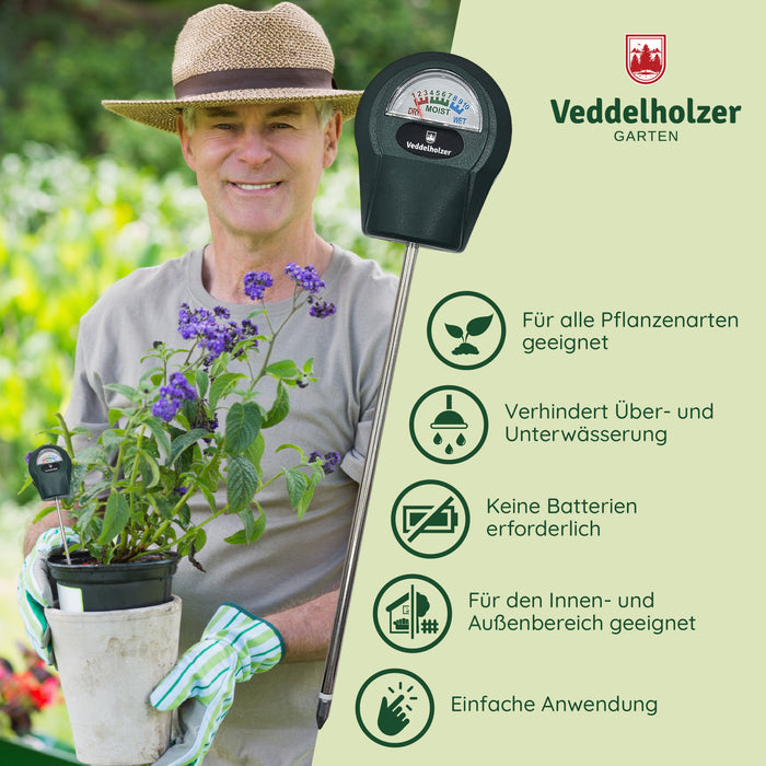 Gärtner mit Strohhut hält einen Topf mit lila Blüten; Vorteile: für alle Pflanzen, ohne Batterien, gegen Über- und Unterwässerung